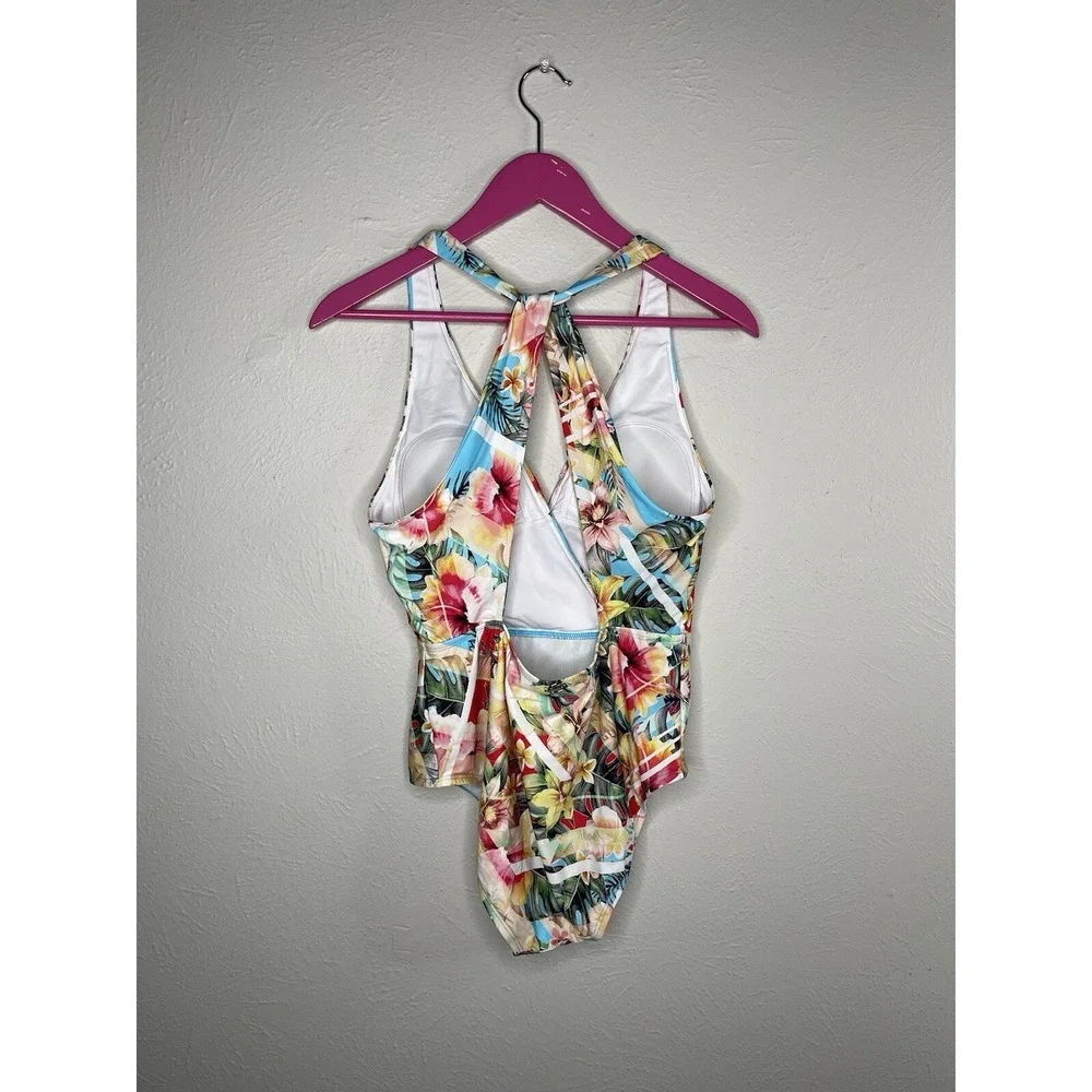 Jantzen One Piece Swimsuit Womens Size 8 Tropical Deep V Plunge Summer Cruise M